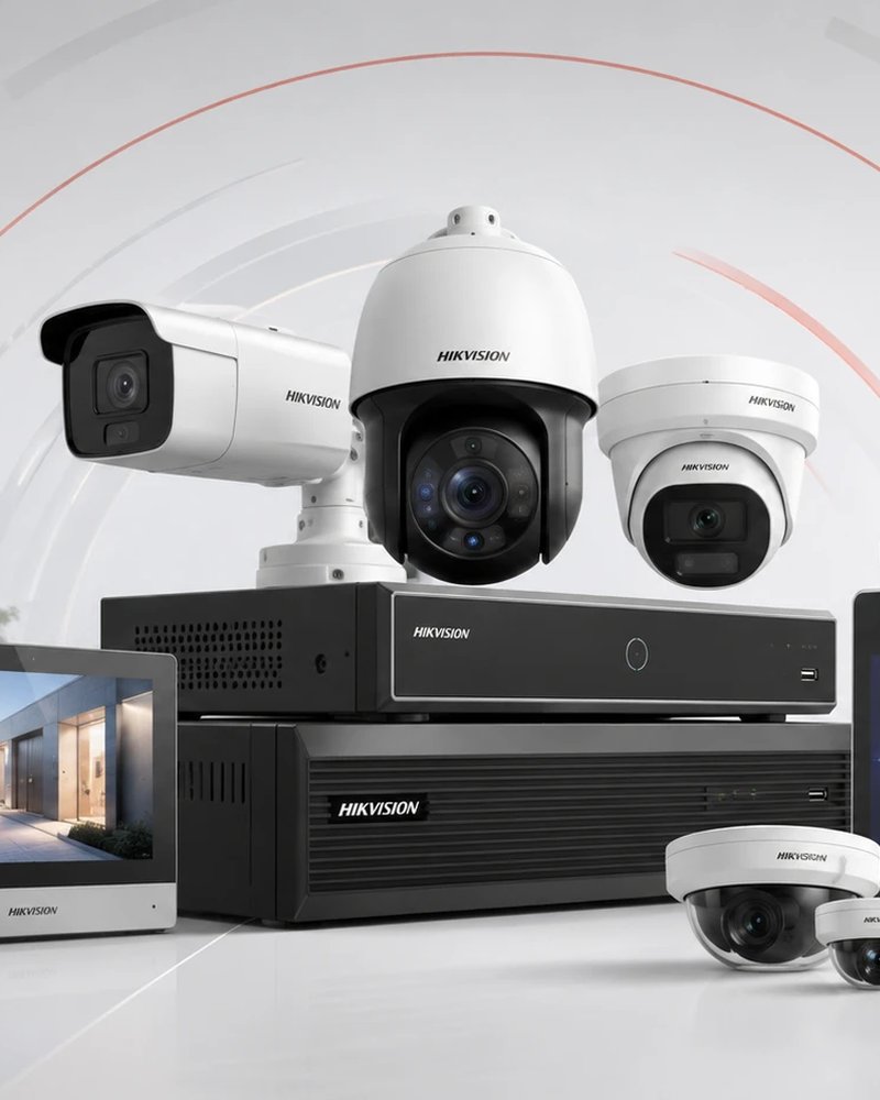 Cámaras IP Hikvision tipo bala, domo PTZ y domo fijo junto a un grabador de video